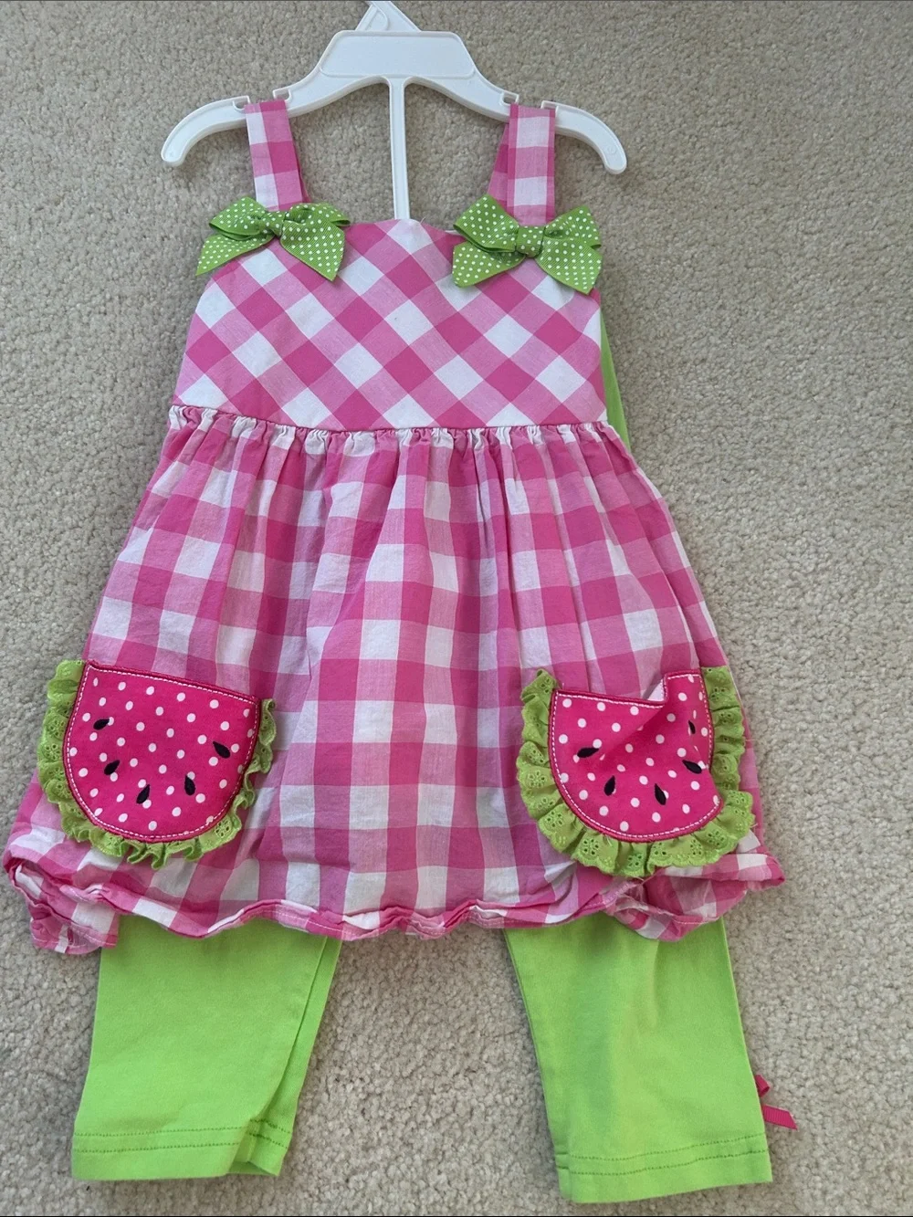 Girls 4t two piece outfit set watermelon gingham plaid smocked back capri pants